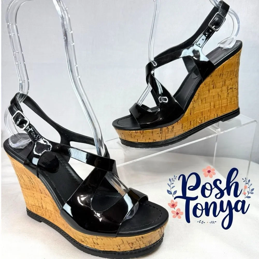 Donald J Pliner Camdyn Black Patent Leather Cork Wedge Sandals Womens Size 6